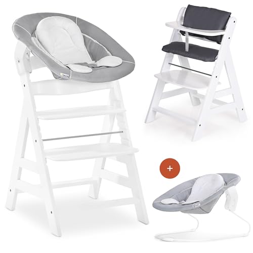 hauck Hochstuhl Alpha Plus Newborn Set mit 2in1 Bouncer - Mitwachsender Holz Babyhochstuhl ab Geburt, inkl. Sitzauflage & Neugeborenenaufsatz - Weiß