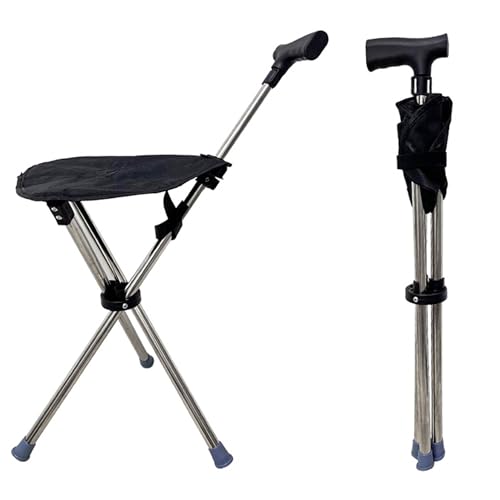Phamouu Gehstock mit Sitz, 68–90 cm, zusammenklappbarer Leichter Gehstock Stuhl, Tragkraft 150 kg, höhenverstellbarer, tragbarer 2-in-1 Sitz für Erwachsene (Schwarz)