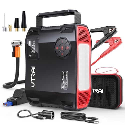 UTRAI 7000A Starthilfe Powerbank für Pkw, 27000mAh Auto Starthilfe Powerbank mit Kompressor, 1600 Lumen LED Taschenlampe, QC3.0, 160W DC-Ausgang, Jump Starter Powerbank für All Benzin, 12L Dieselmotor