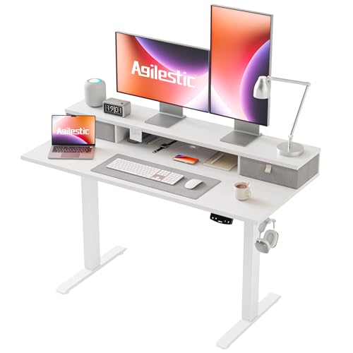 Agilestic Höhenverstellbarer Schreibtisch mit 2 Schubladen, 120 x 60 cm Stabiler Schreibtisch Höhenverstellbar Elektrisch, Ergonomischer Steh-Sitz Tisch Computertisch, Weiß