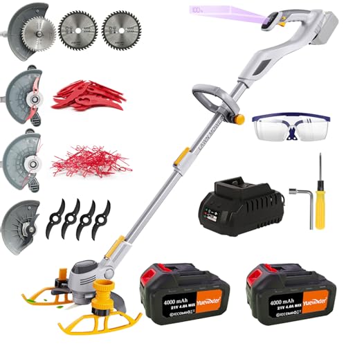 YUEWXTER Rasentrimmer mit Akku (21V 8.0AH Akku und Ladegerät, Verstellbarer Teleskop-Führungsholm und Zusatzhandgriff, Includes 4 Types of Blades) freischneider ​akku