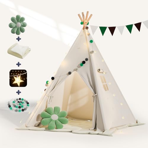 BlueWood Tipi Zelt für Kinder, Spielzelt mit Gepolsterter Decke, Lichterkette, Tragetasche, Segeltuch Kinderzelt - weiß