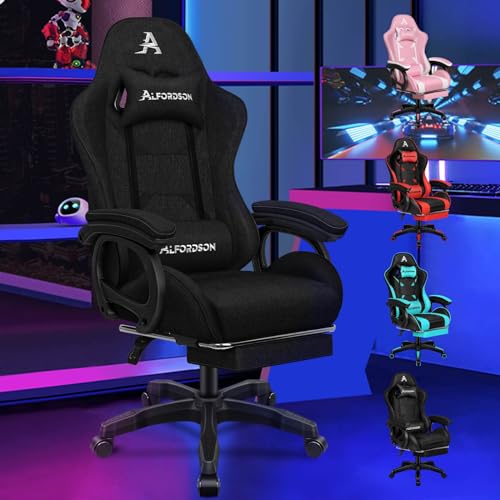 ALFORDSON Gamingstuhl, Bürostuhl, mit 2-Punkt-Massage, Fußstütze, Kopfstütze und Lendenkissen, 150° verstellbare Rückenlehne, Stoffmaterial, Alles in Schwarz