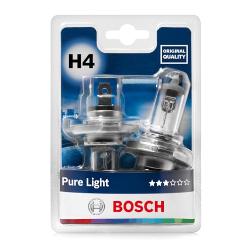 Bosch H4 Pure Light Halogen-Glühlampe für Auto-Scheinwerfer, 12 V 60/55 W, in Originalqualität - Lampensockel Typ P43t - 2er-Pack Ersatz-Scheinwerferlampen