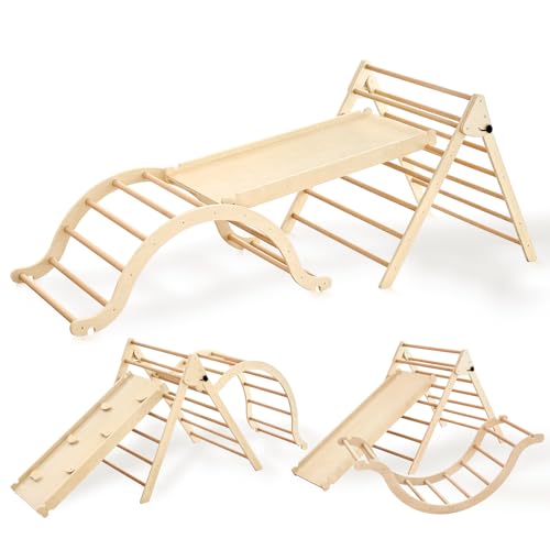 Giant bean 5-in-1 Montessori Kletterdreieck mit Kletterbogen und Rutsche, Holzdreieck für Kleinkinder ab 2-7, Indoor Kletterspielzeug, Hellbraun,L