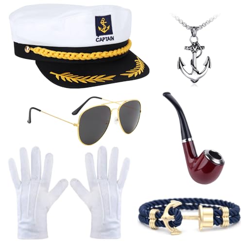 Mineup Kapitän Hut Kapitänsmütze Kostüm Set, 6 Stück Kapitän Matrosen Kostüm Set, Verstellbare Yacht Schiff Boot Marine Mütze, Matrosenmütze Kapitän Prop für Party Cosplay Halloween Weihnachten