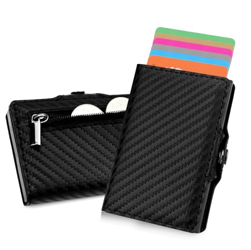 AISIR Slim Wallet mit Münzfach & RFID-Schutz - Mini Geldbörse Herren & Damen - Kartenetui Kreditkartenetui - Portmonee/Minimalismus Slim Wallet (Carbon-Schwarz) 2024 Neu