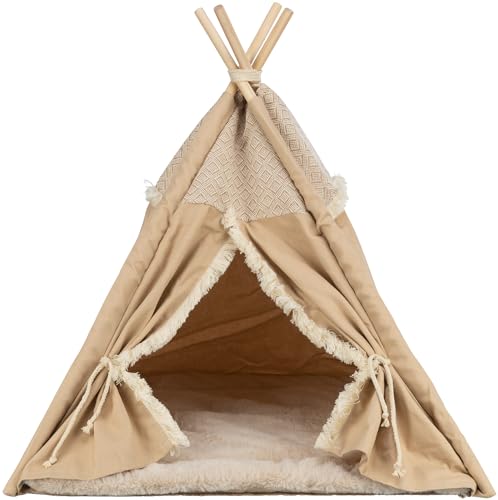 Trixie rutschfestes Tipi für Hunde und Katzen im angesagten Boho-Design Tipi Boho, 55 × 65 × 55 cm, BEIGE - mit integriertem, waschmaschinengeeignetem Wendekissen - 38211