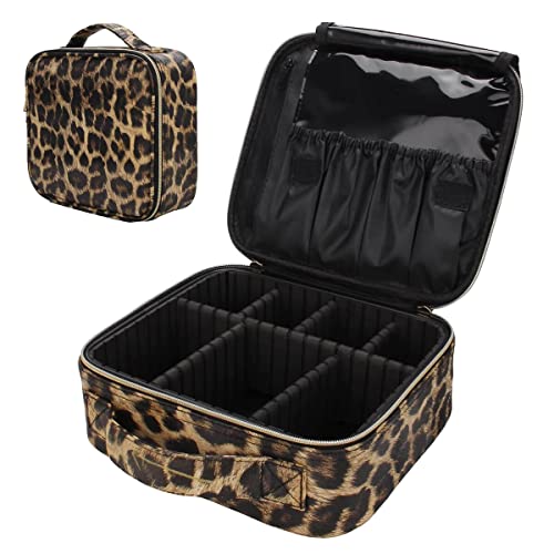 Uongeod Reise Kosmetiktasche Leopardenmuster PU Leder Make up Tasche Organizer-Koffer mit verstellbaren Trennwänden Kosmetiktasche Damen