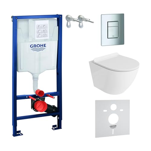 Grohe Vorwandelement inkl. Drückerplatte chrom + Lavita Wand WC Sofi ohne Spülrand + WC-Sitz mit Soft-Close-Absenkautomatik + Wand-Halter-Set