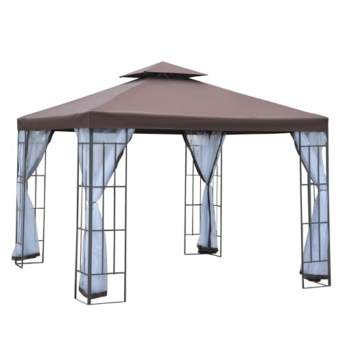 Outsunny Pavillon Gartenpavillon mit Moskitonetze Seitenwände, Partyzelt mit Doppeldach, Gartenzelt Festzelt 2,97x2,97m