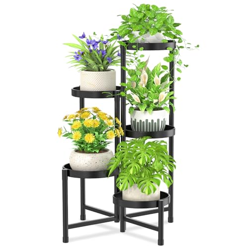 iDavosic.ly 5 Etagen Metall Pflanzenständer Blumentopfständer, Mehrstöckig Pflanzenregal Blumenregal Pflanzentreppen für Zimmerecke, Wohnzimmer, Balkon, Terrasse, Hof (Rund, Schwarz)