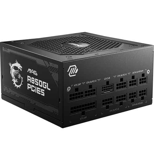MSI MAG A850GL PCIE5 Netzteil, 850W, 80 Plus Gold, voll modular, ATX 3.0, unterstützt PCIe 5.0 GPU, 120mm FDB Lüfter mit dynamischen Kugellager, Full-Bridge LLC, Schwarze Flackkabel - 7 Jahre Garantie