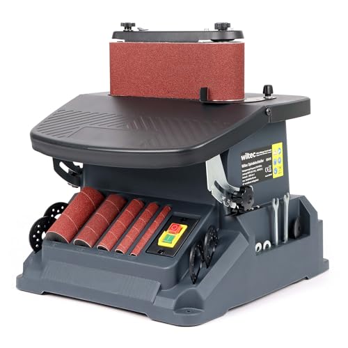 Wiltec oszillierender Spindelschleifer 500 W neigbar bis 45°, Bandschleifer mit 5 Schleifhülsen und 16 mm Oszillationshub, Kantenschleifer mit 2000 U/min zum Bandschleifen und Spindelscheifen