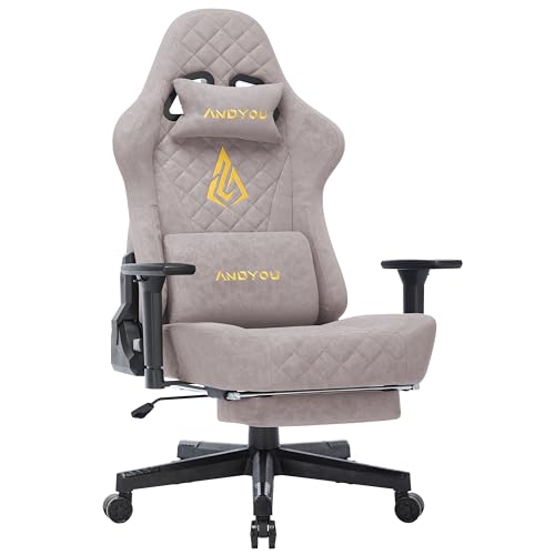 Andyou Gaming Stuhl Racing Gamer Sessel, Ergonomischer Gaming Chair Bürostuhl mit Verstellbare Lendenkissen, Fußstütze, Kopfkissen und 2D Armlehnen, Vintage-PU-Leder 90-150°, Rosa