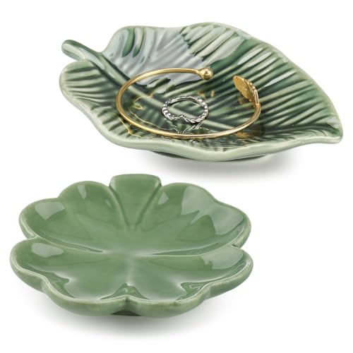 2 Stück Keramik Tablett Deko Blatt Schmuckschale Schmucktablett Klein Schmuckteller Schlüsselablage Ringschale Armband Organizer Aesthetic Deko für Wohnkultur Hochzeitsgeschenk Schmuckaufbewahrung