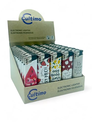 Cultimo 50 Stück Elektronik Feuerzeuge mit Motive, Nachfüllbar & Kindergesichert | Feuerzeug Lighter elektronische, Gas befüllt (Fruits)