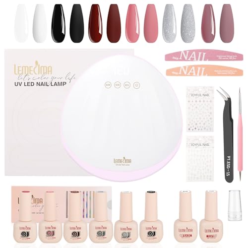 Lemecima Shellac Set Starterset mit Lampe 198W, 6 Farben Gel Nagellack Nude Grau Rosa Lila UV Nagellack Set, Base und Top Coat, Maniküre Nail Art Zubehör, Schellack Nagelstudio Kit für Anfänger