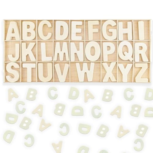 130 Stück (5 Sätze) Holzbuchstaben Set Lagerung in Tablett,Großbuchstaben A-Z,Wooden Alphabet,Buchstaben zum Basteln für Kunsthandwerk DIY Hochzeitsfeier Home Decoration Displays-Holzfarbe