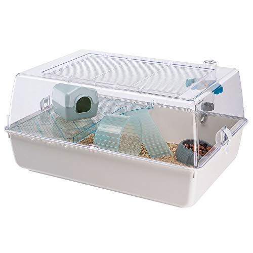 Ferplast Hamsterkäfig, Mäusekäfig MINI DUNA HAMSTER Zweistöckiger kleiner Käfig, Lüftungsgitter, Transparentes Dach, Zubehör inklusive, aus weiß lackiertem Metall und Kunststoff, 55 x 39 x H 27 cm
