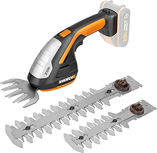 WORX WG801E.9 - Akku Gras- und Strauchschere 20V PowerShare, 3-in-1 Schere mit verschiedenen Messer Aufsätzen – 20 cm Schere, 12 cm Strauchtrimmer, 10 cm Grasmesser – ohne Akku und Ladegerät