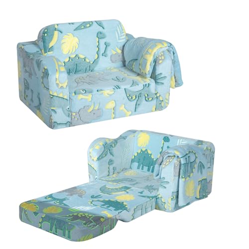 MeMoreCool Kindersofa Ausklappbar, 2-in-1 Kleinkinder Schlafsofa, Kindersessel mit Schlaffunktion, Mini Couch für Kuschelecke Kinderzimmer, Fancy Spielsofa für Mädchen und Jungen, Blau Dinosaurier