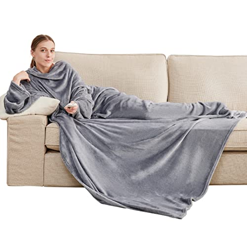 BEDSURE Decke mit Ärmeln Kuscheldecke - Geschenke für Frauen, Ärmeldecke & Sofa Decke für Erwachsene, Flauschige Ganzkörperdecke zum anziehen, Tragbare Decke als TV Decke, 150x200cm, Grau