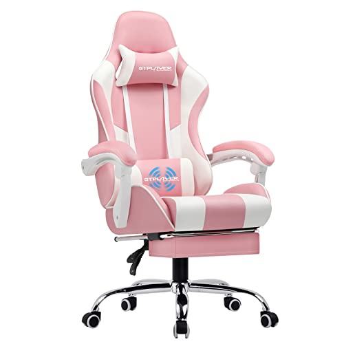 GTPLAYER Bürostuhl Gaming Stuhl Massage Gaming Sessel Ergonomischer Gamer Stuhl mit Fußstütze, Kopfstütze Massage-Lendenkissen, Gepolstert Gaming Chair, Drehsessel pink