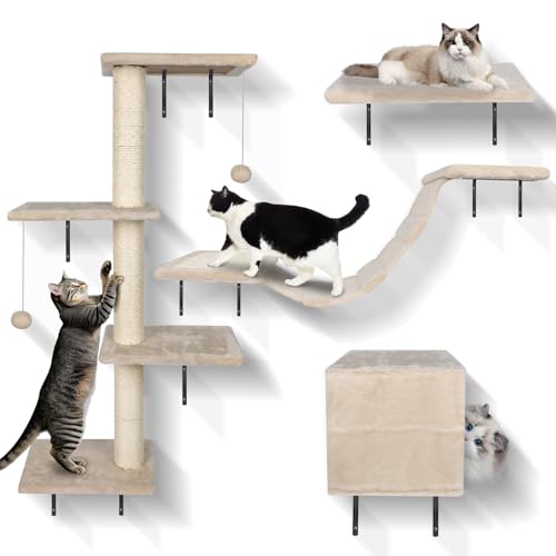 MASTERTOP Kletterwand Katzen Set, 10 -teiliges Groß Kratzbaum Kletterwand für Katzen, Katzenmöbel Wandpark mit Katzenhaus, Katzenbrücke, Sisal Kratzsäulen für den Innenbereich bis 10 kg
