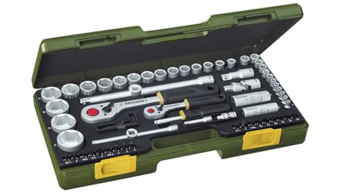 Proxxon 23286 Steckschlüsselsatz Komplettsatz mit 6,3mm (1/4') und 12,5mm (1/2') Umschaltratsche 65teiliges Werkzeug-Set mit Kunststoffkoffer