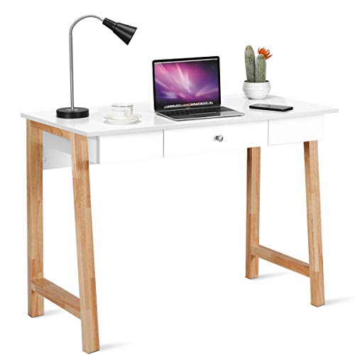 COSTWAY Schreibtisch mit Schublade, Kleiner Computertisch Schminktisch aus Holz, Bürotisch für Büro Arbeitszimmer, weiß/Eiche, 106 x 50 x 75 cm