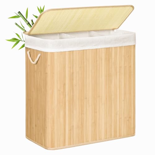 SONGMICS Wäschekorb 3 Fächer, 150 L Wäschesammler mit Deckel, Wäschebox Bambus, mit Griffen, faltbar, Wäschesack herausnehmbar maschinenwaschbar, Waschküche, naturfarben LCB091N01
