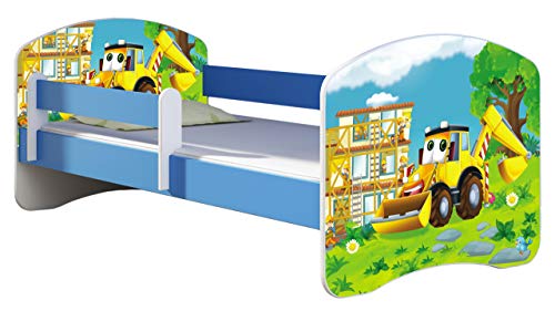 ACMA Kinderbett Jugendbett mit Einer Schublade und Matratze Blau mit Rausfallschutz Lattenrost II 140x70 160x80 180x80 (20 Bagger, 140x70)