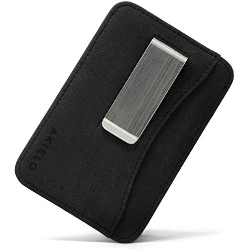 AKIELO Kartenetui mit RFID Schutz, Geldklammer und Geschenkbox – Minimalistisch Herren Geldbörse – Kompakte und Schlanke Wallet (Charlie - Schwarze Ausgabe mit Geldklammer)