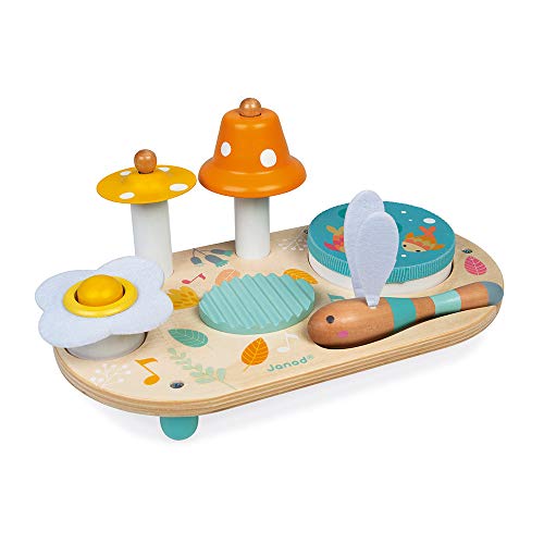 Janod - Pure Musiktisch mit 5 Funktionen - Kinder Spieltisch aus Holz - Musikalisches Holzspielzeug - Mit Zimbel, Glocke, Waschbrett und Tamburin - Baby Spielzeug ab 1 Jahr, J05164