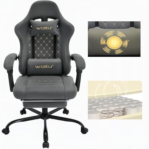 WOLTU Gaming Stuhl mit Massagefunktion, Computerstuhl mit Taschenfederkissen, Gamer Sessel ergonomisch, Drehstuhl mit Kopfkissen, Lendenkissen, Fußstütze, 150 kg, Tech-Stoff, Grau + Gelb, GS07gr