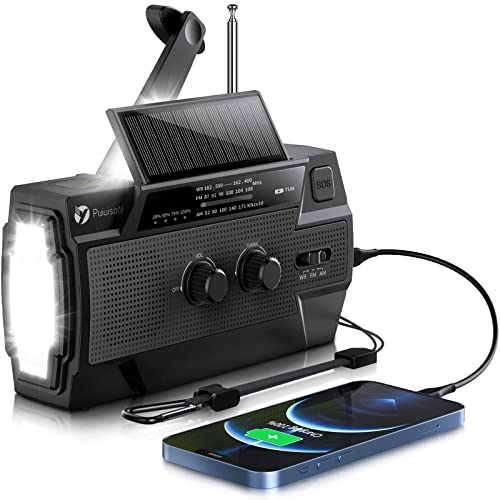 Puiuisoul Notfall-Handkurbel-Radio, 4000 mAh, tragbares Solar-Radio mit Bewegungsmelder, 3-Gang-LED-Taschenlampe, SOS-Alarm, Handy-Ladegerät, AM/FM