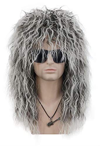 VGbeaty Vokuhila Perücke Lange Locken Glam Punk Rock Perücke für Männer und Frauen Grau Farbverlauf Weiß Halloween Kostüm Perücke