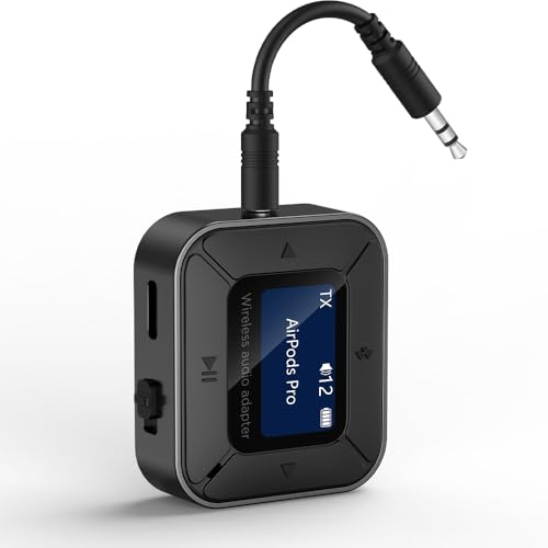 Ainostone Bluetooth Sender Empfänger Flugzeug 2-in-1 Bluetooth 5.3 Audio Adapter mit 3,5mm Aux Klinke Bluetooth Transmitter Niedrige Latenz Bildschirm für 2 Kopfhörer, TV, Stereoanlage, Auto, Airpods