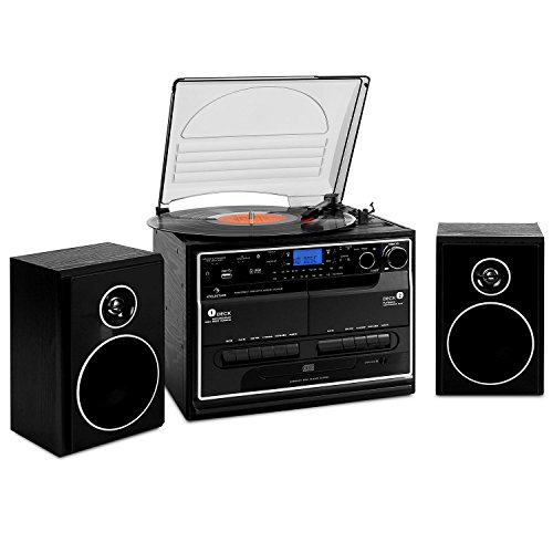 auna 388-BT HiFi Stereoanlage Plattenspieler mit Lautsprecher, Musikanlage Schallplattenspieler, Kompaktanlage mit CD Kassette und Radio, USB, MP3, Doppelkassettendeck, Digitalisierung, schwarz