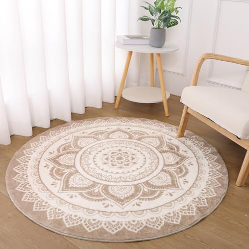 SHACOS Boho Teppich Rund, 120 cm, Kurzflor, Waschbar, Anti Rutsch, Wohnzimmerteppich, Flauschig, Weich, Runder Teppich für Schlafzimmer, Wohnzimmer, Beige