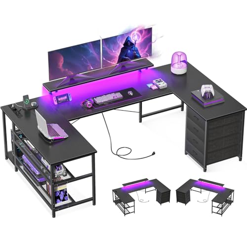 ODK Eckschreibtisch mit 4 Schubladen&Stauraum, Reversible Eckschreibtisch mit 2 Steckdosen und 2 USB Ladeanschluss, Gaming Schreibtisch mit LED&Monitorständer für Home Office, 167×102cm, Schwarz