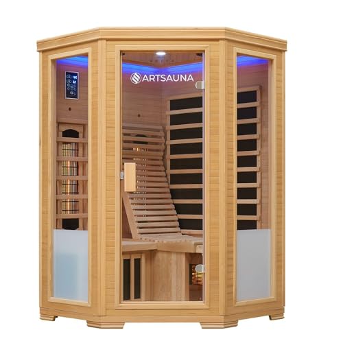 Artsauna Infrarotkabine Aalborg Dual-Technologie - 120x120x190 cm - 2 Personen - mit Relaxliege, Sitzbank, LED Farblicht & Glastür - Hemlock Holz Infrarotsauna