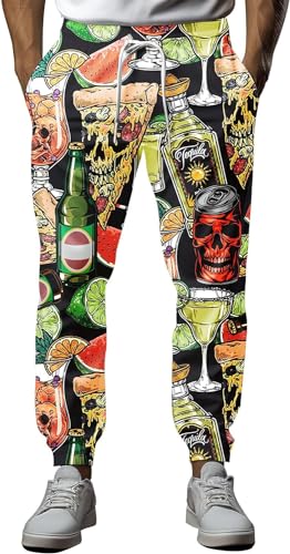 fifbird Herren-Sweathose, lustig, 80er-Jahre-Stil, sportliche Jogginghose, elastische Taille, Freizeithose, Größe XL, Alkohol Party Bier Pizza, 41-44.5