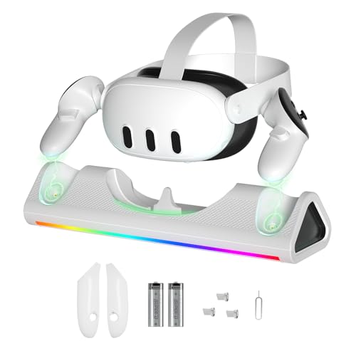 Ladestation für Quest 3, magnetische VR-Ladestation für Oculus Quest 3 Headset und Controller, Lade-Headset und Controller mit 2 Akkus, unverzichtbares Zubehör für VR-Aufladung