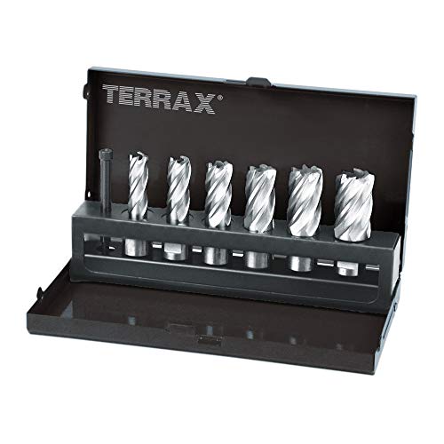 TERRAX Kernbohrer-Satz HSS mit Weldonschaft (3/4') Schnitttiefe 30,0 mm in Industriekassette, Beinhaltet 6 Kernbohrer und ein Auswerferstift, 7-teilig