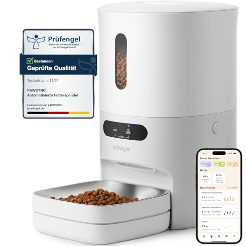 Pawsync Smart Futterautomat, 3 Stück, Farbwechselnde Erinnerung, Haustierfutter-Trockenmittel hält Futter trocken & frisch, bis zu 3 Monate, App-Benachrichtigungen