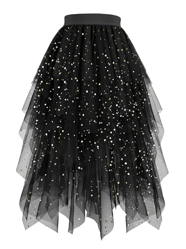 Hanpceirs Damen Tüll Röcke High Low Layered Puffy Fee Röcke A-Linie Midi Rock Unregelmäßiger Tutu Rock Schwarz Pailletten L