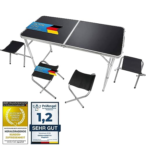 GOODS+GADGETS Klappbarer Multifunktionstisch Mehrzwecktisch Campingtisch Camping-Set Klapptisch Markttisch höhenverstellbarer Tapeziertisch Beistelltisch zum Campen (Schwarz: Tisch + 4 Stühle)
