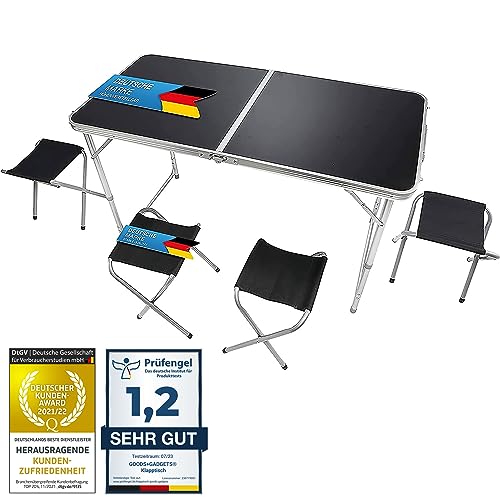 GOODS+GADGETS Klappbarer Multifunktionstisch Mehrzwecktisch Campingtisch Klapptisch Markttisch höhenverstellbarer Tapeziertisch Beistelltisch zum Campen (Camping Set mit 4 Stühlen - Schwarz)